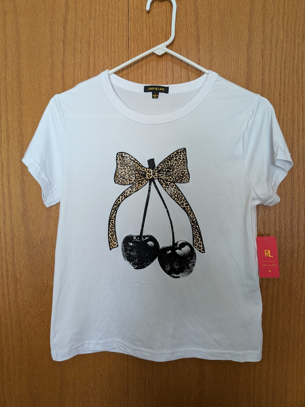 Women's New White Short Sleeve Tee with Leopard Bow & Cherry Graphic Size L